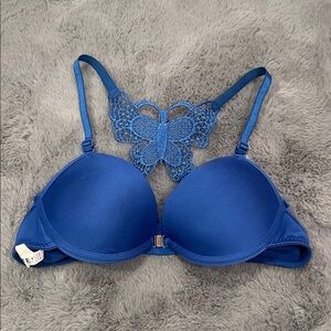 Blue Lace Butterfly Back Push-up Bra front closing adjustable shoulder straps